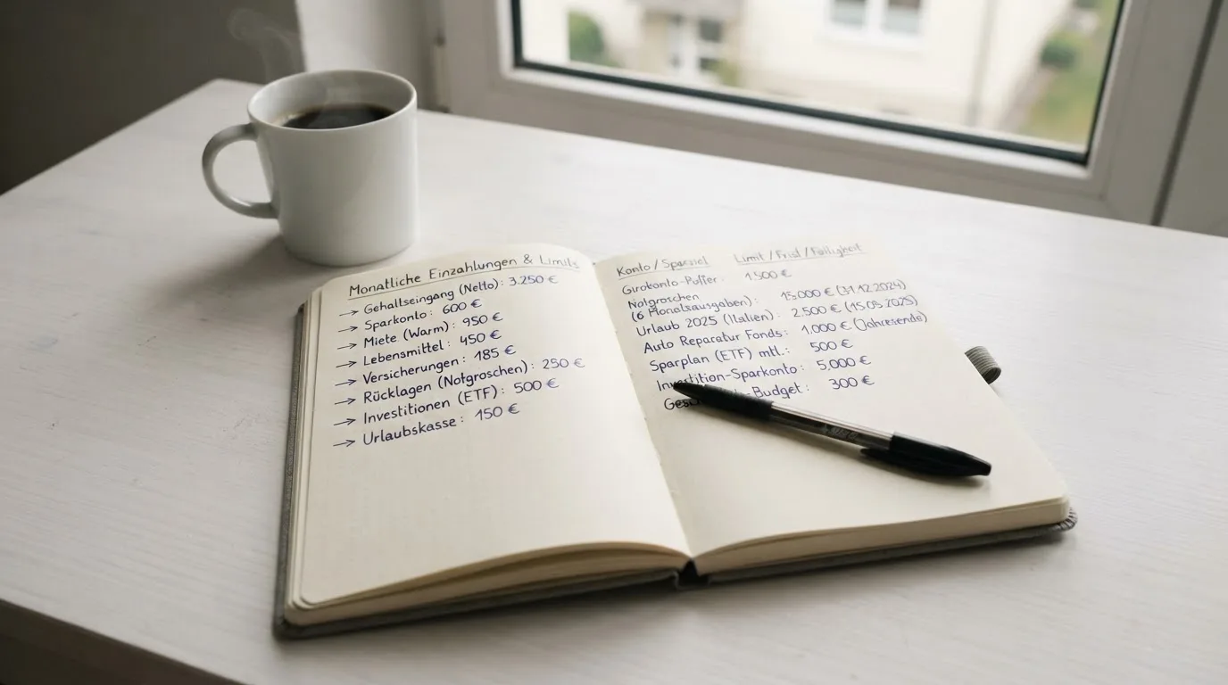 Ein aufgeschlagenes Notizbuch mit handschriftlichen Notizen und ein Kugelschreiber liegen auf einem hellen Schreibtisch neben einer Kaffeetasse.