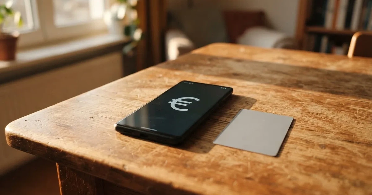 Ein Smartphone liegt mit dem Display nach unten auf einem Holztisch, daneben ein paar Euro-Münzen und eine unbeschriftete Plastikkarte im Morgenlicht.