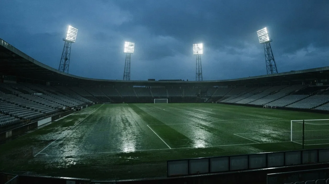 Ein Fußballplatz mit Flutlichtmasten in der Abenddämmerung, aus der Ferne gesehen, leere Tribünen und nasser Rasen unter bewölktem Himmel.