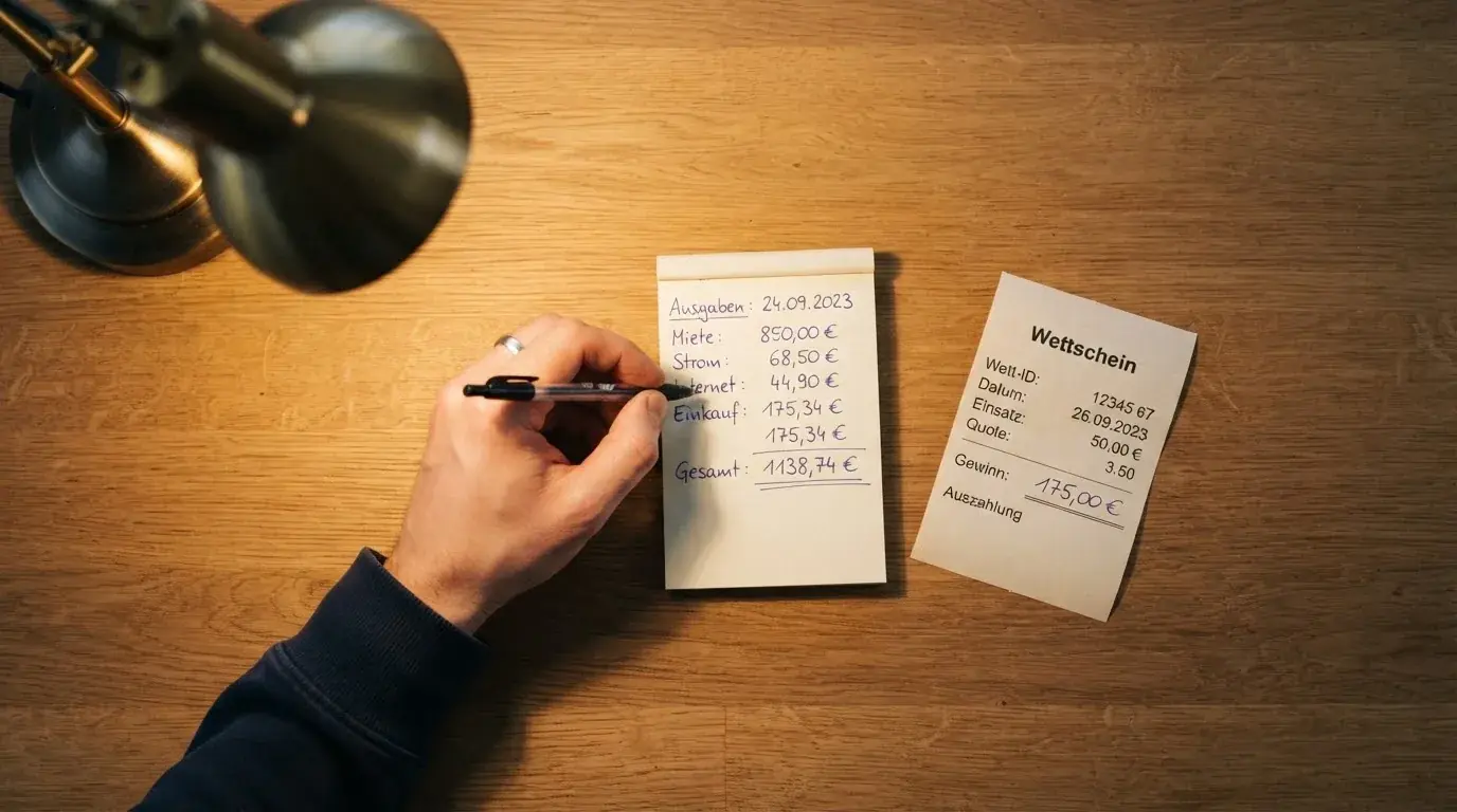 Ein Taschenrechner und ein Blatt Papier mit handschriftlichen Notizen liegen auf einem Schreibtisch unter dem warmen Licht einer Lampe.