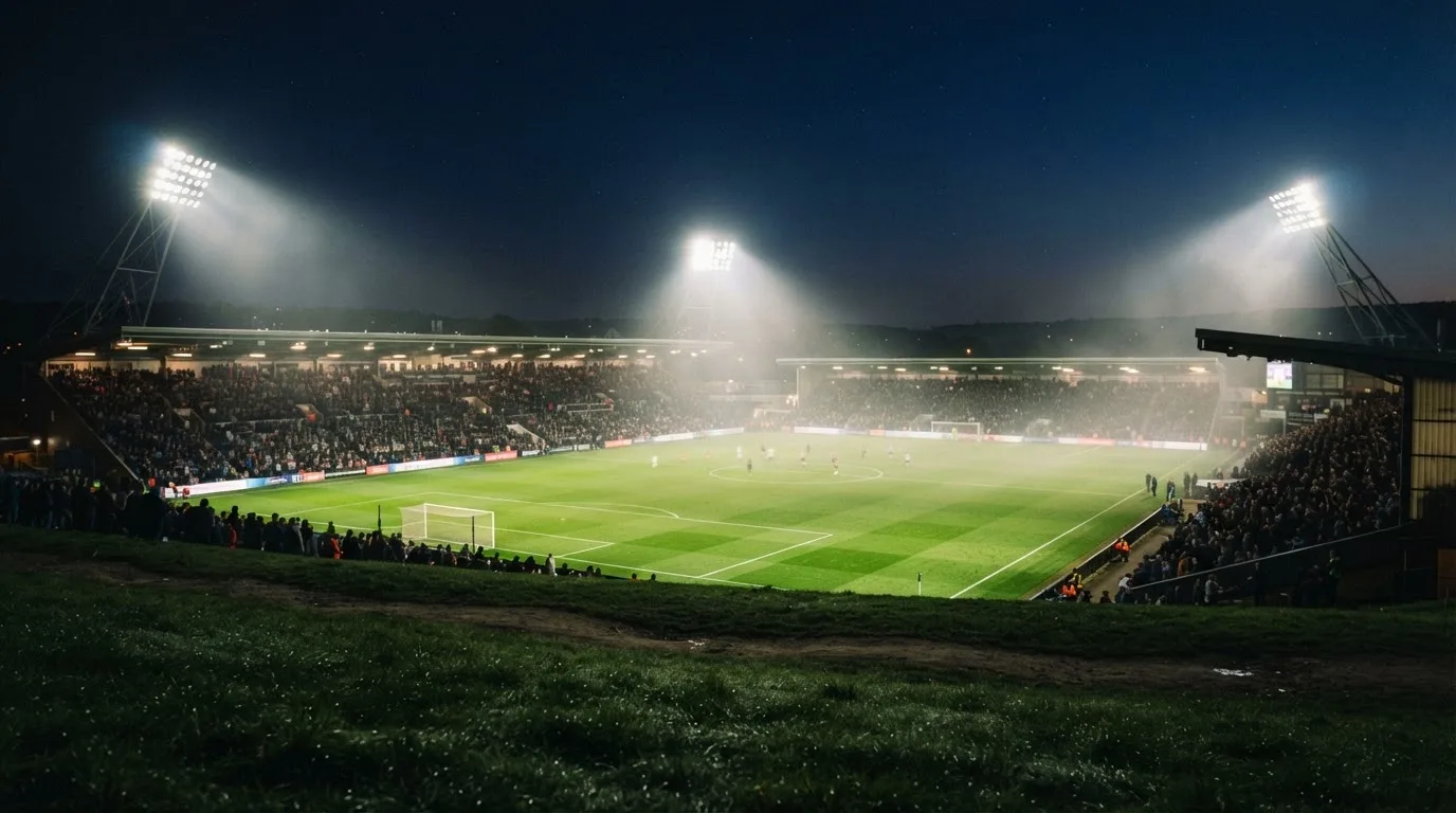 Ein Stadion unter Flutlicht bei Nacht, von einem Hügel aus der Ferne betrachtet, mit Dunst über dem Spielfeld.