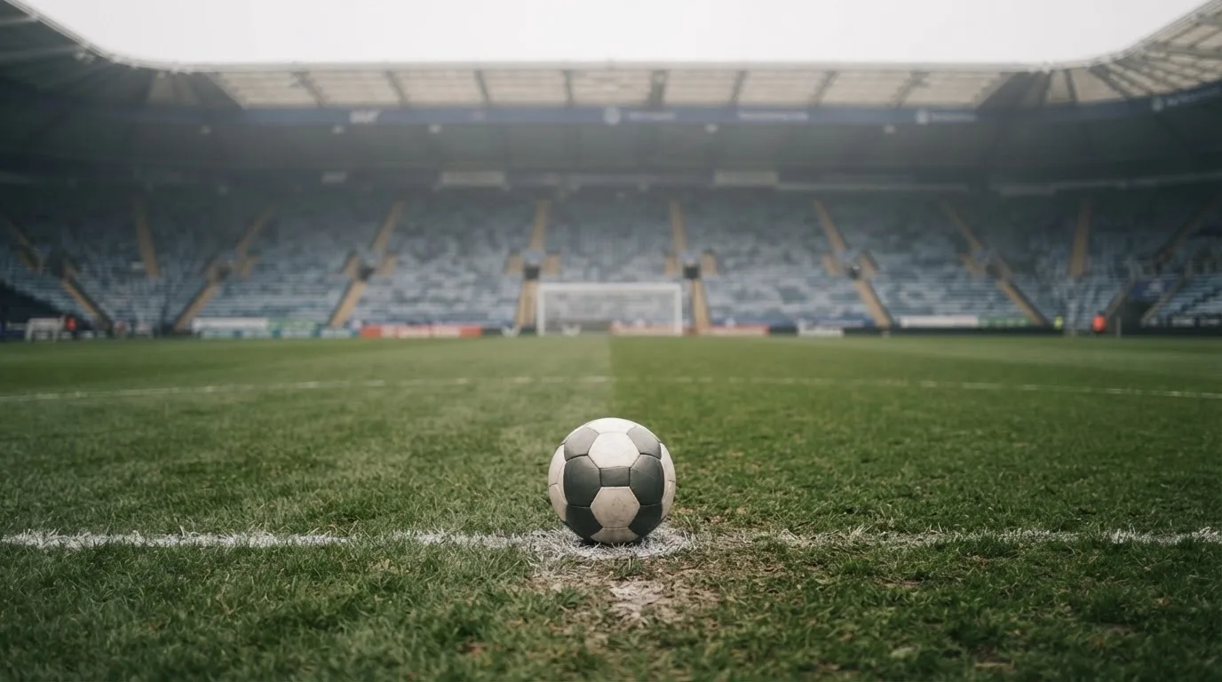 Ein Fußball liegt auf dem Elfmeterpunkt eines leeren Rasenplatzes, im Hintergrund eine Tribüne im Dunst.