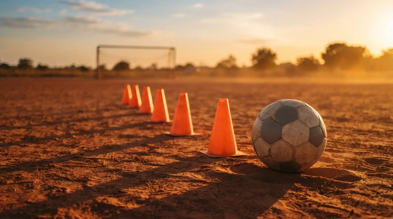 Ein Fußball auf rotem Sandboden neben einer Reihe Hütchen auf einem Trainingsplatz bei untergehender Sonne.