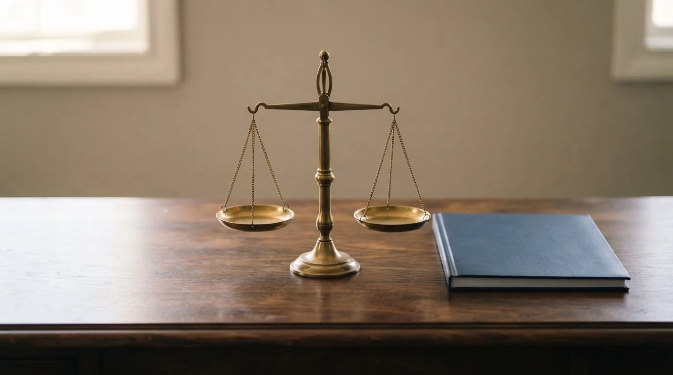 Eine Waage aus Messing und ein geschlossener Aktenordner ohne Beschriftung stehen auf einem polierten Schreibtisch.