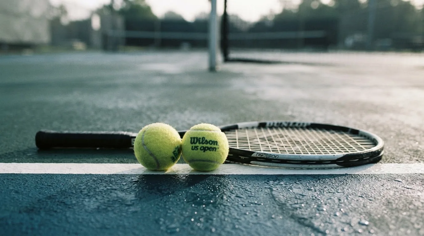 Zwei Tennisbälle und ein Schläger liegen auf der Grundlinie eines Hartplatzes, kleine Wassertropfen glänzen auf dem Belag.