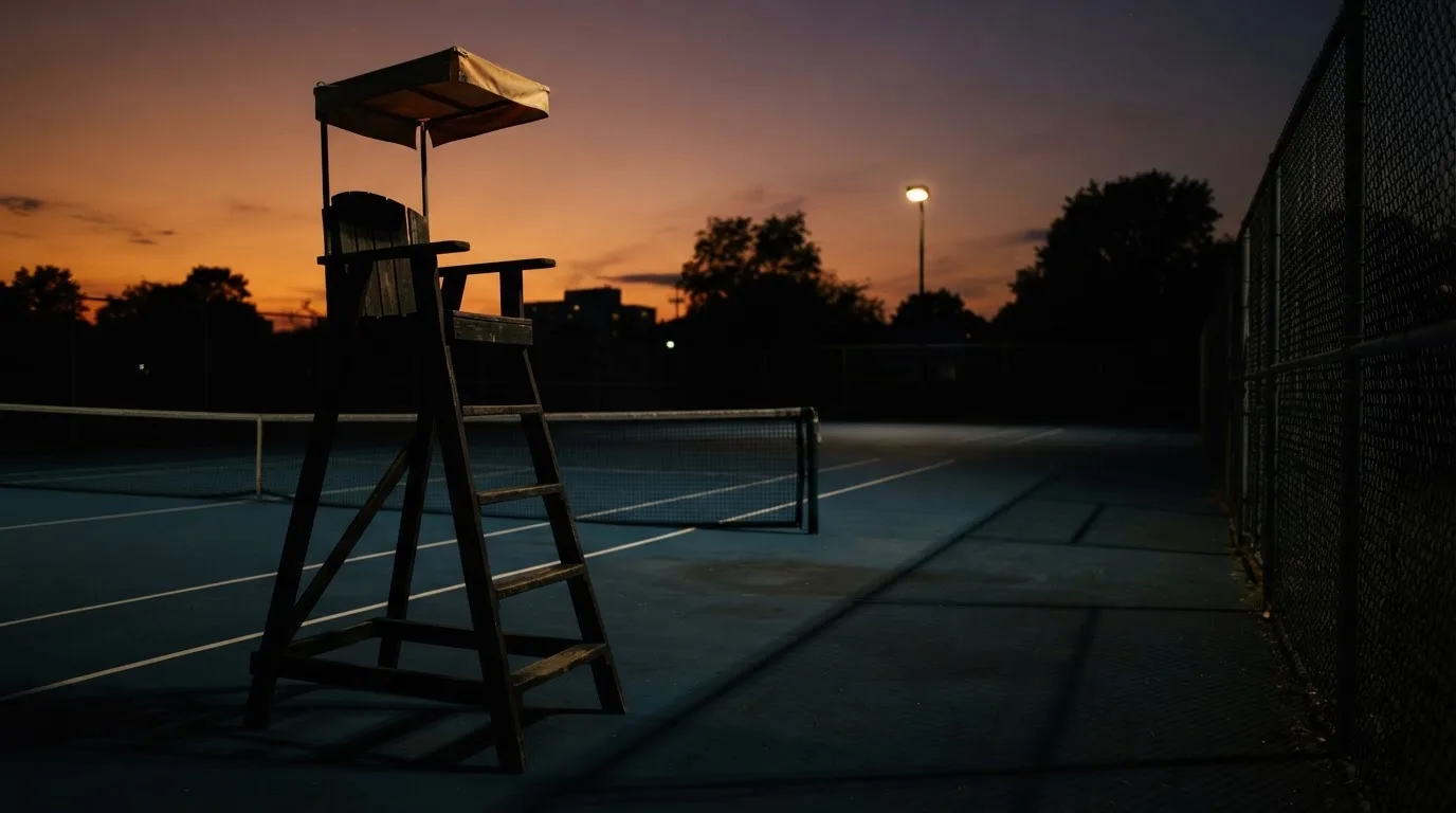 Ein leerer Schiedsrichterstuhl am Spielfeldrand eines Tennisplatzes im Abendlicht, lange Schatten auf dem Belag.