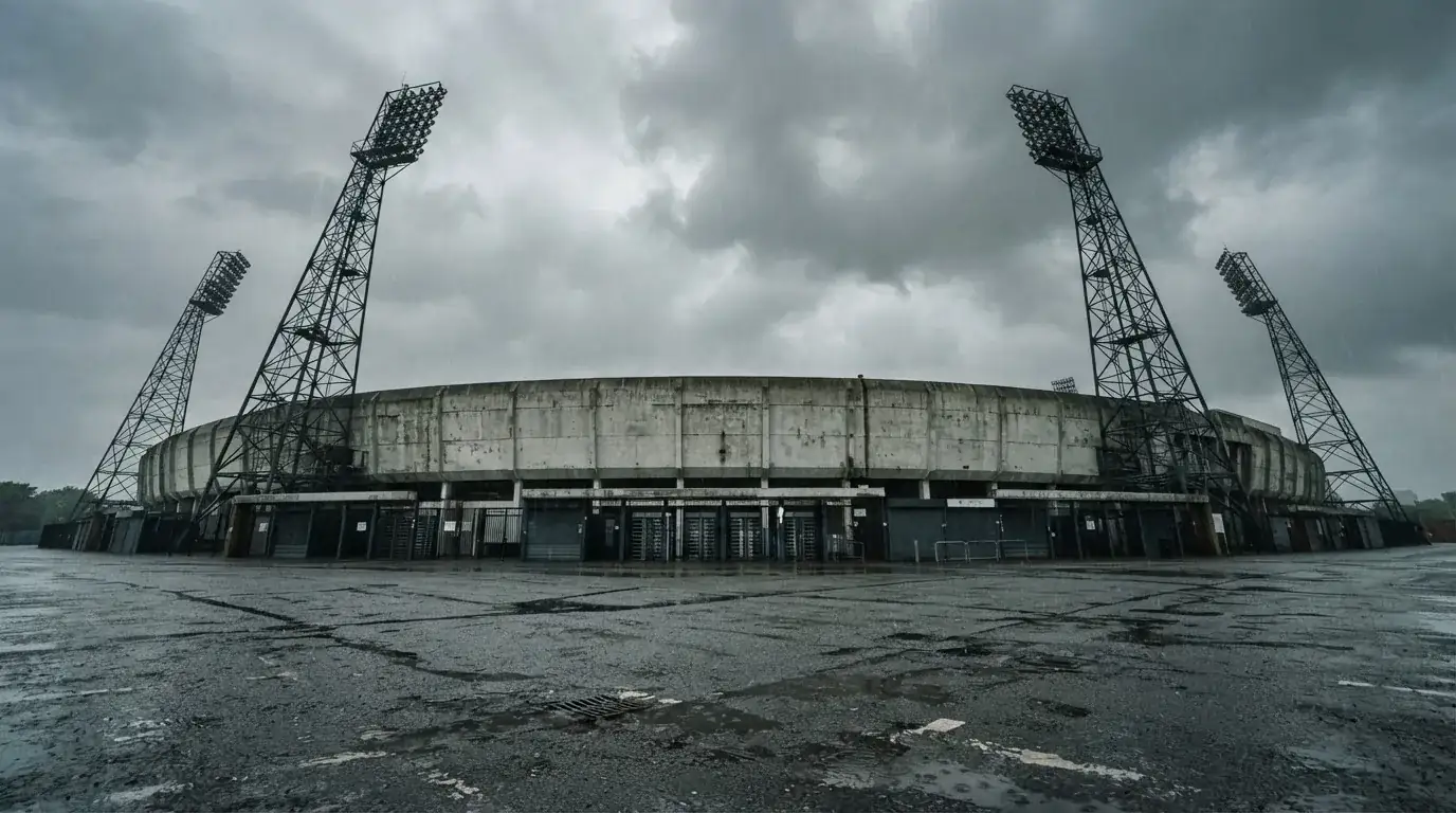 Ein leeres Stadion von außen, hohe Flutlichtmasten vor einem grauen Himmel mit Regenwolken.