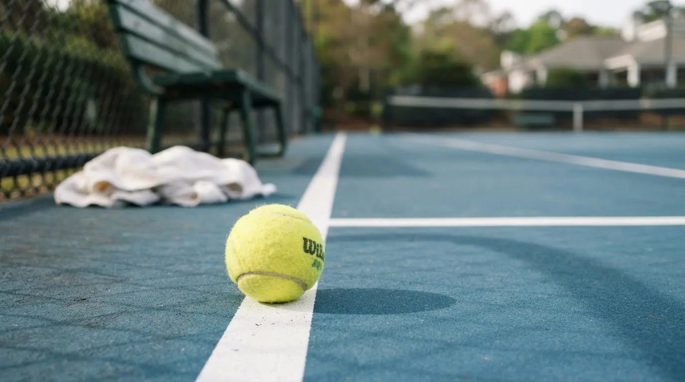 Ein gelber Tennisball liegt auf einer weißen Linie, daneben ein Handtuch auf einer Bank am Spielfeldrand.