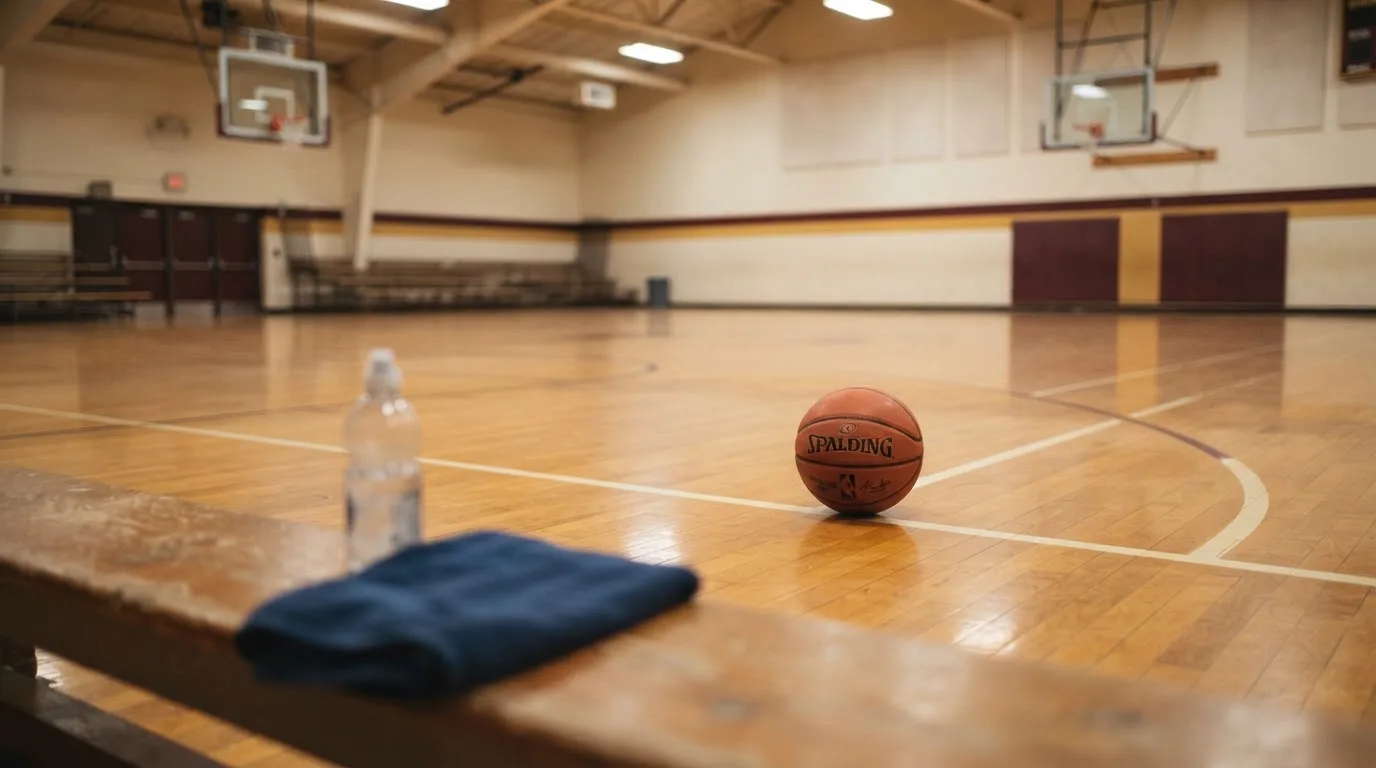 Ein Basketball liegt auf der Freiwurflinie einer Halle, im Vordergrund ein Handtuch auf einer Bank.