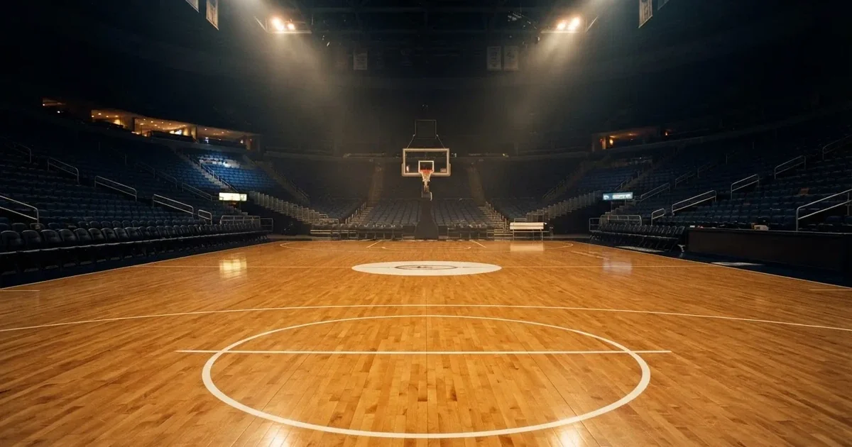 Eine leere Basketballhalle mit glänzendem Parkett und einem Korb im Hintergrund, Licht von Deckenstrahlern spiegelt sich im Boden.