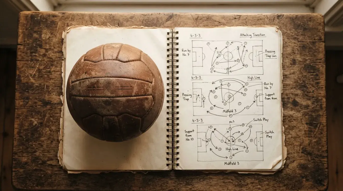 Ein Fußball liegt auf einem Notizbuch mit handgezeichneten Skizzen von Spielzügen, aufgenommen von oben auf einem Holztisch.