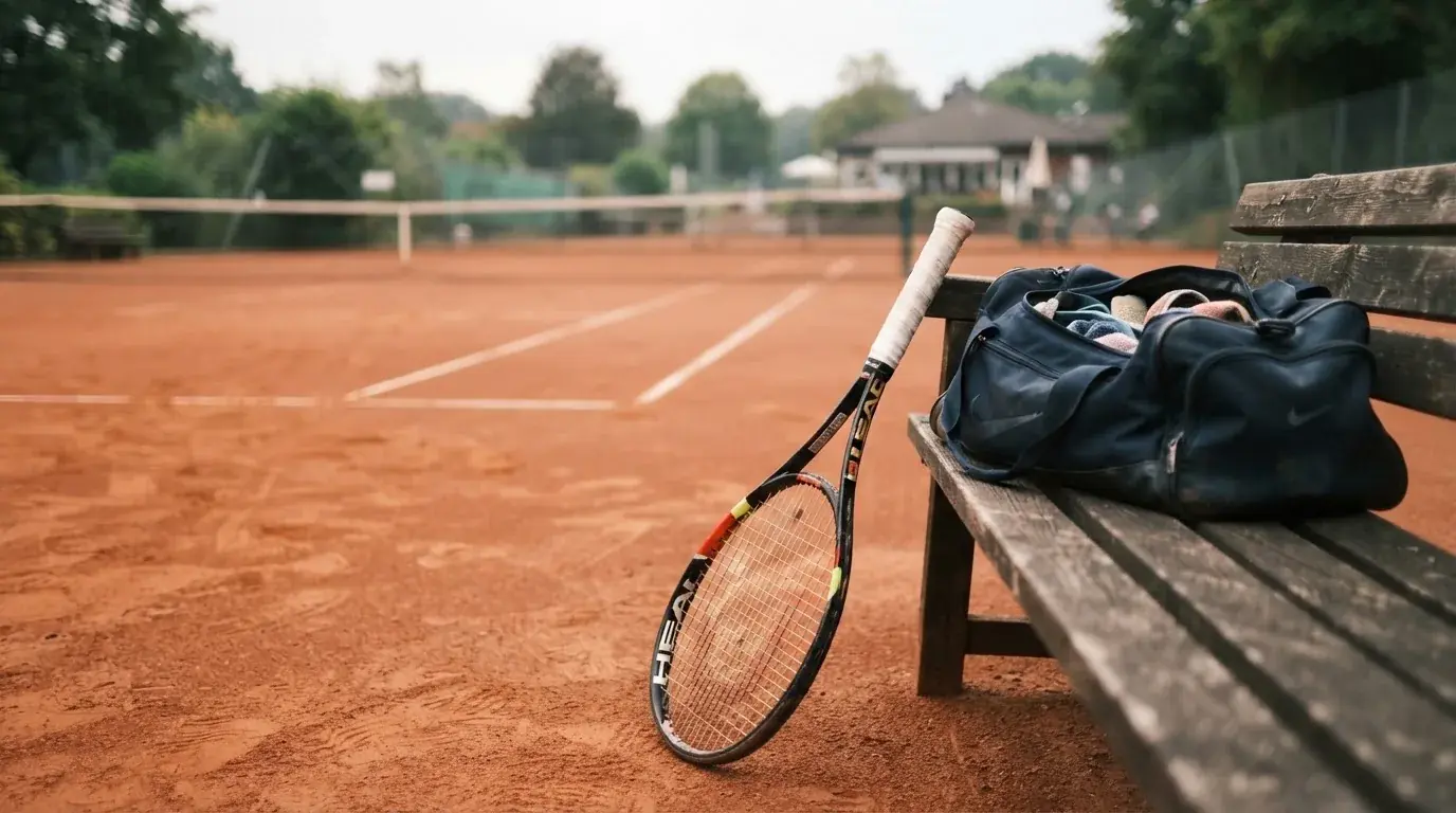 Ein Tennisschläger lehnt an einer Bank neben einer Sporttasche, im Hintergrund ein leerer Platz.