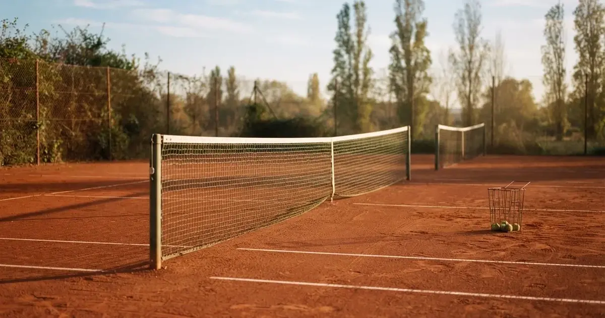 Ein Sandplatz mit frisch gezogenen Linien in der Nachmittagssonne, Netz und Ballkorb am Rand, keine Menschen.