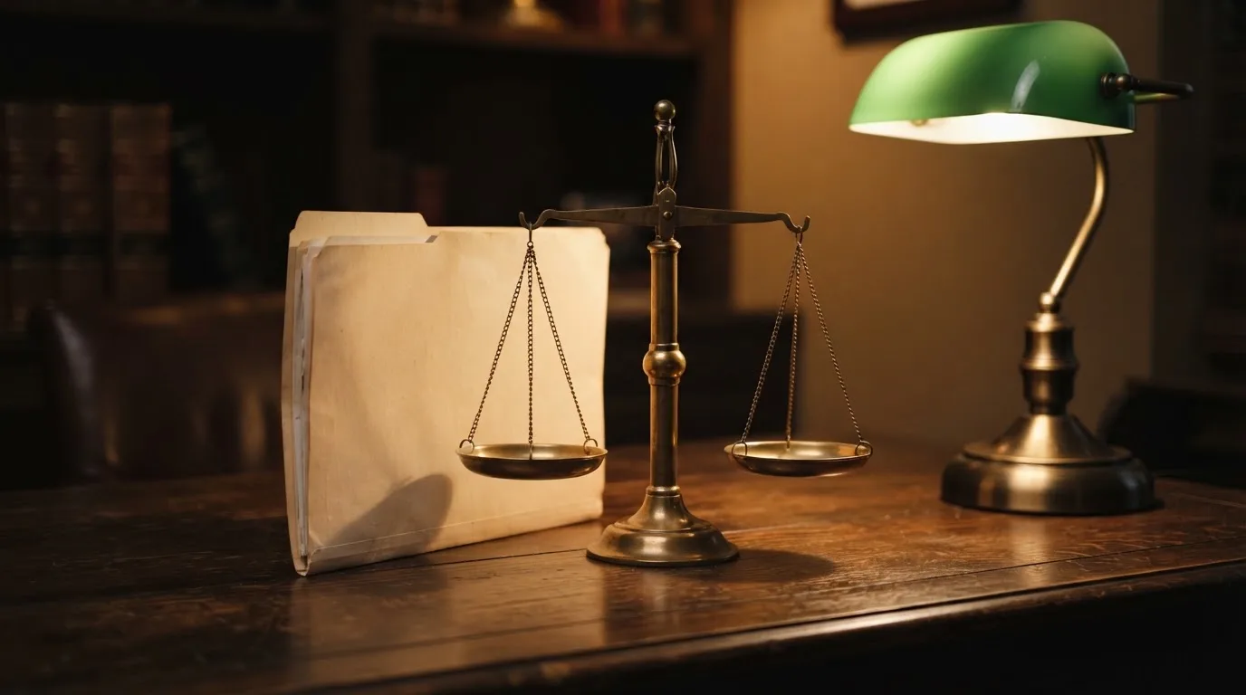 Eine Waage aus Messing und ein geschlossener Ordner ohne Beschriftung stehen neben einer Tischlampe auf einem Schreibtisch.