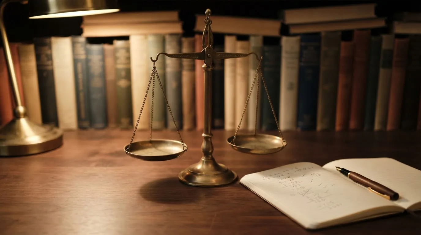 Eine Balkenwaage aus Messing steht auf einem dunklen Holztisch vor einer Bücherwand, gedämpftes Licht, keine lesbare Beschriftung.