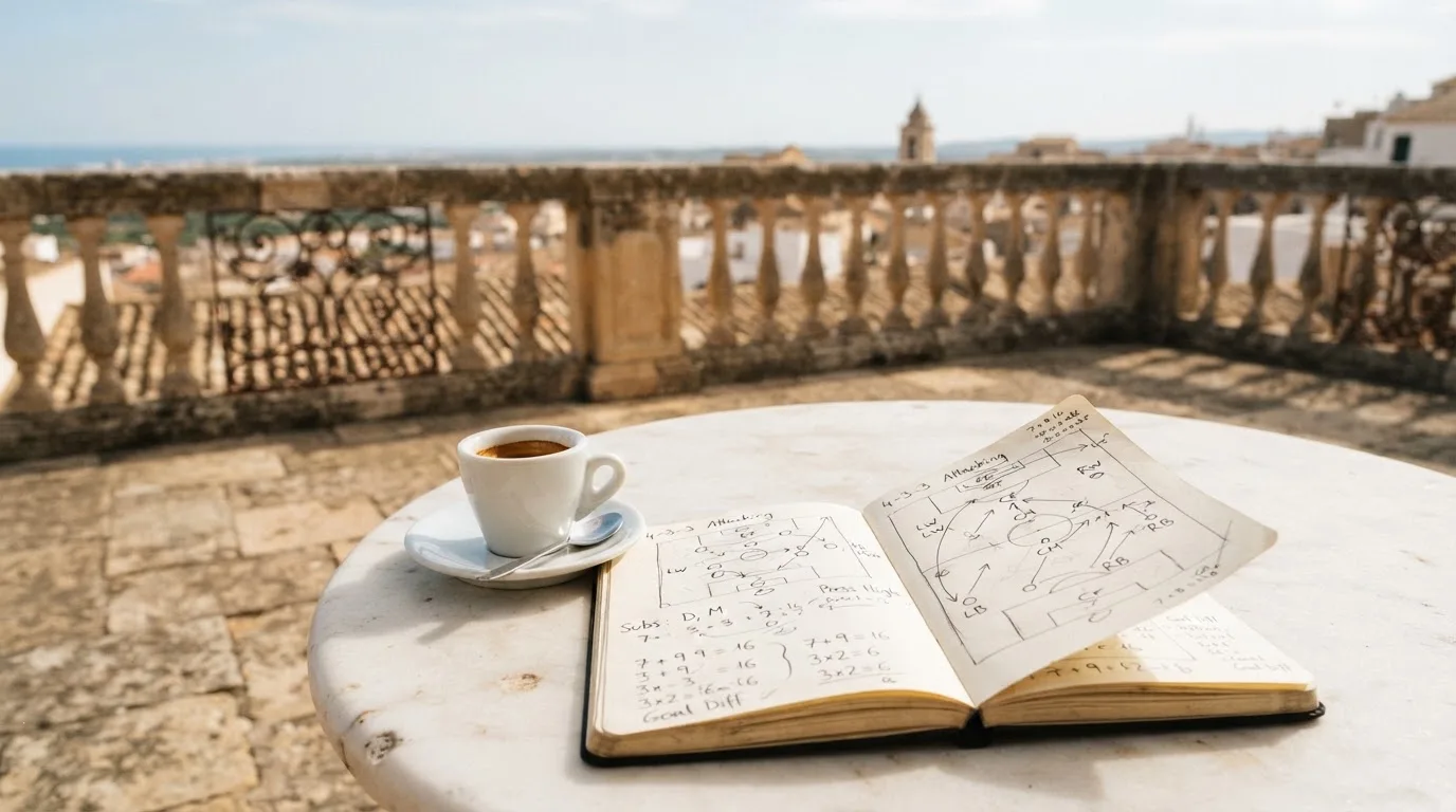 Eine Espressotasse steht auf einem kleinen Marmortisch einer Terrasse, daneben ein Notizheft mit handschriftlichen Skizzen.