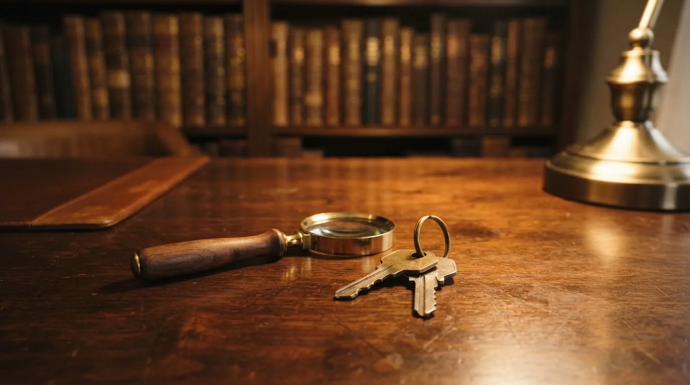 Ein Schlüsselbund und eine Lupe liegen auf einem dunklen Holztisch, im Hintergrund unscharf ein Regal mit Büchern.