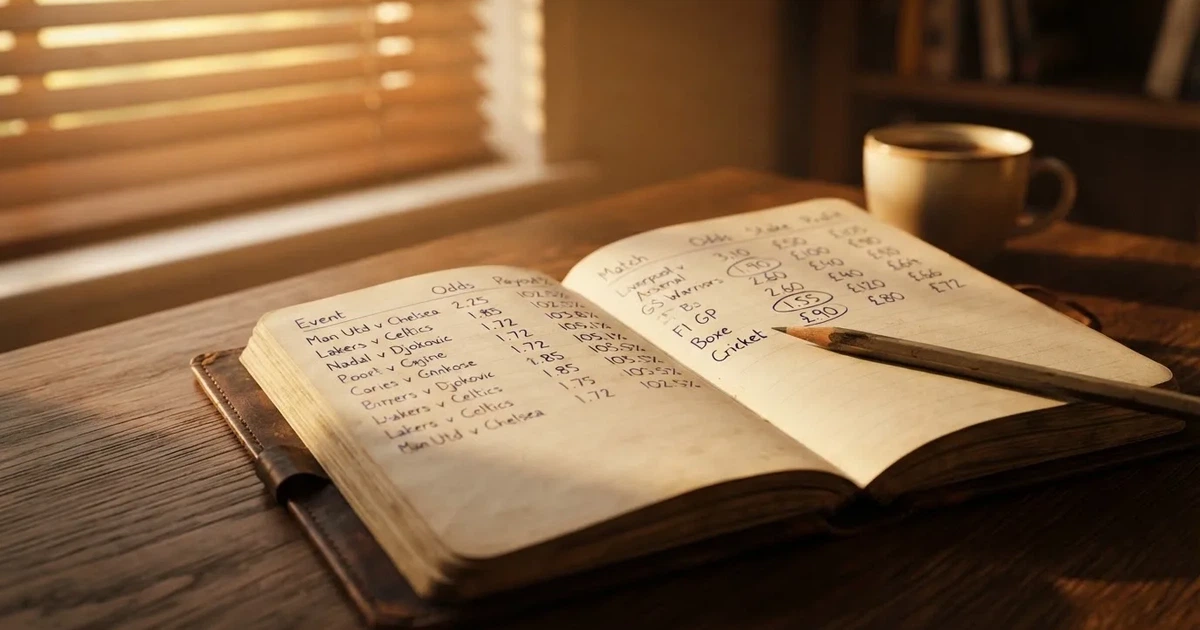 Ein aufgeschlagenes Notizbuch mit handschriftlichen Zahlenreihen und ein Bleistift liegen neben einem Taschenrechner auf einem Schreibtisch.