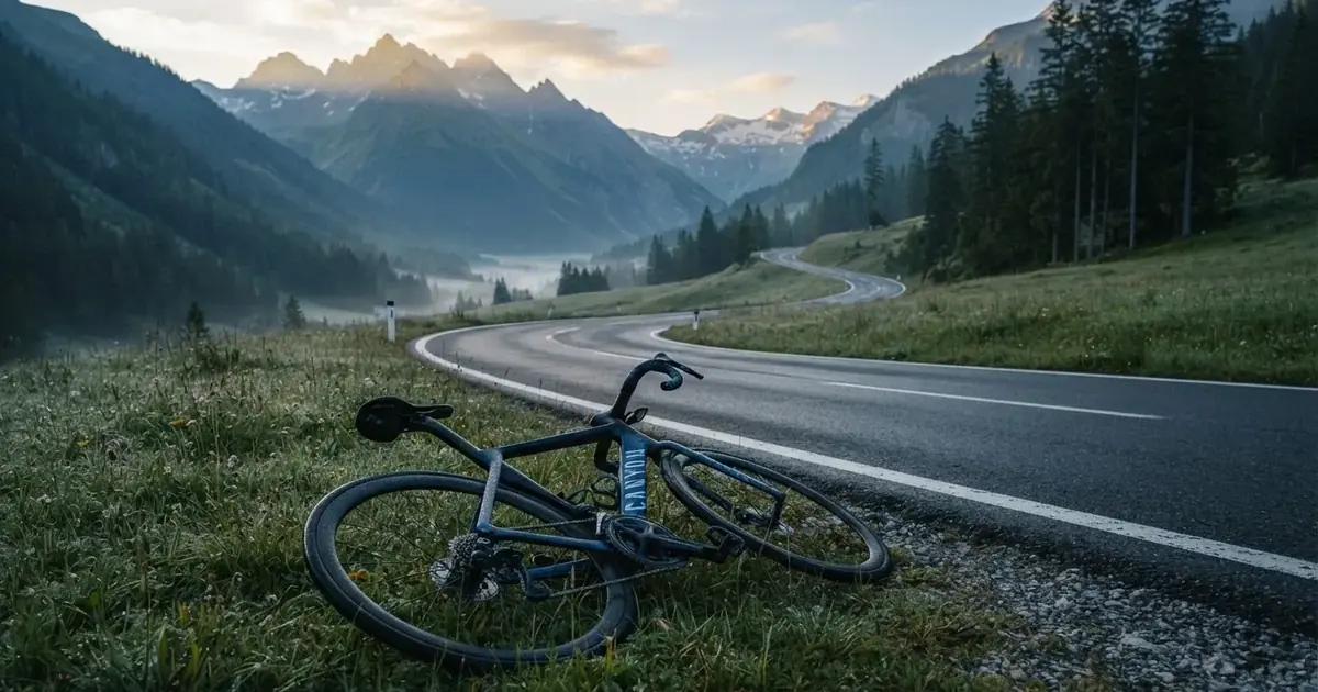 Eine leere Landstraße schlängelt sich im Morgenlicht durch einen Gebirgspass, am Straßenrand liegt ein einzelnes Rennrad im Gras.
