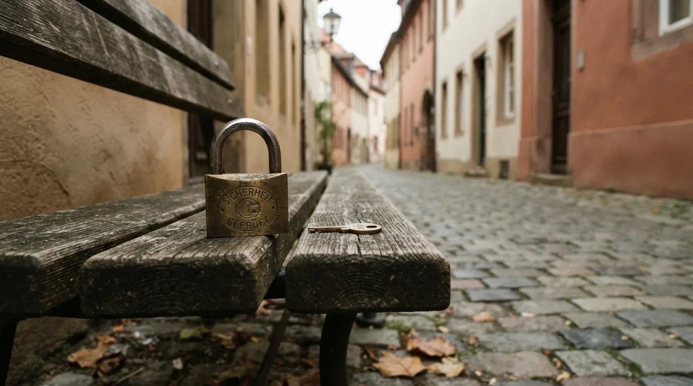 Ein Schlüssel und ein Vorhängeschloss liegen auf einer Holzbank, im Hintergrund eine verschwommene Altstadtgasse.