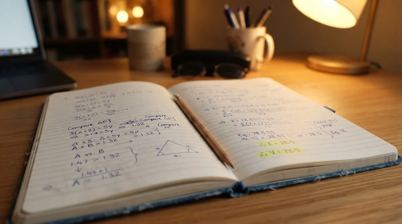 Ein Notizbuch mit handschriftlichen Rechnungen und ein Taschenrechner liegen auf einem aufgeräumten Schreibtisch in warmem Licht.