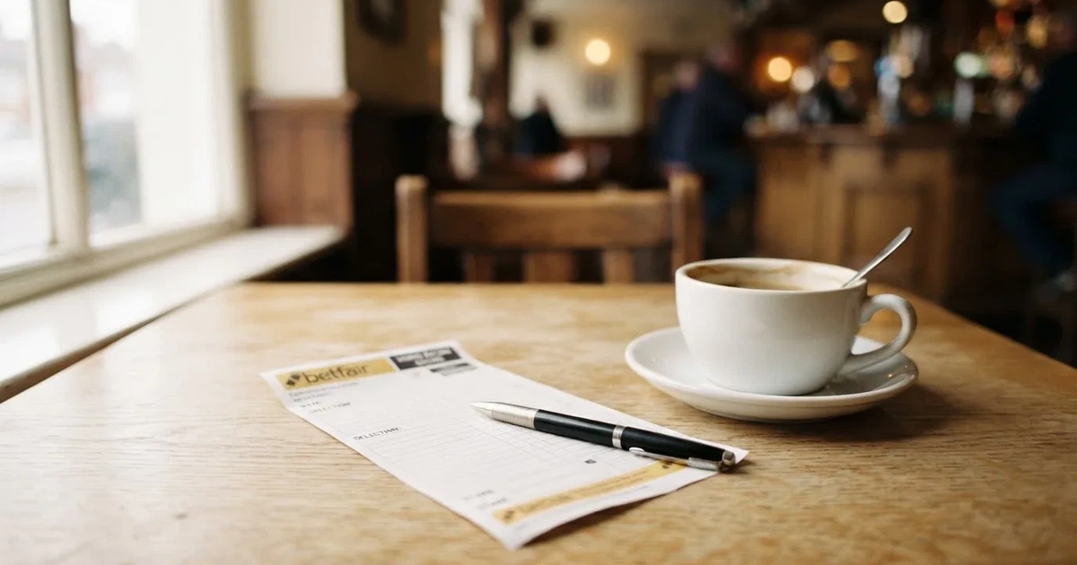 Ein leerer Papier-Wettschein liegt neben einem Kugelschreiber und einer Kaffeetasse auf einem hellen Holztisch, Tageslicht von links.