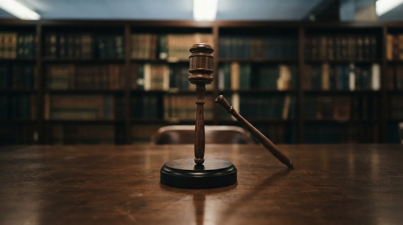 Ein Richterhammer aus Holz steht auf einer dunklen Schreibtischplatte, im Hintergrund ein unscharfes Bücherregal.