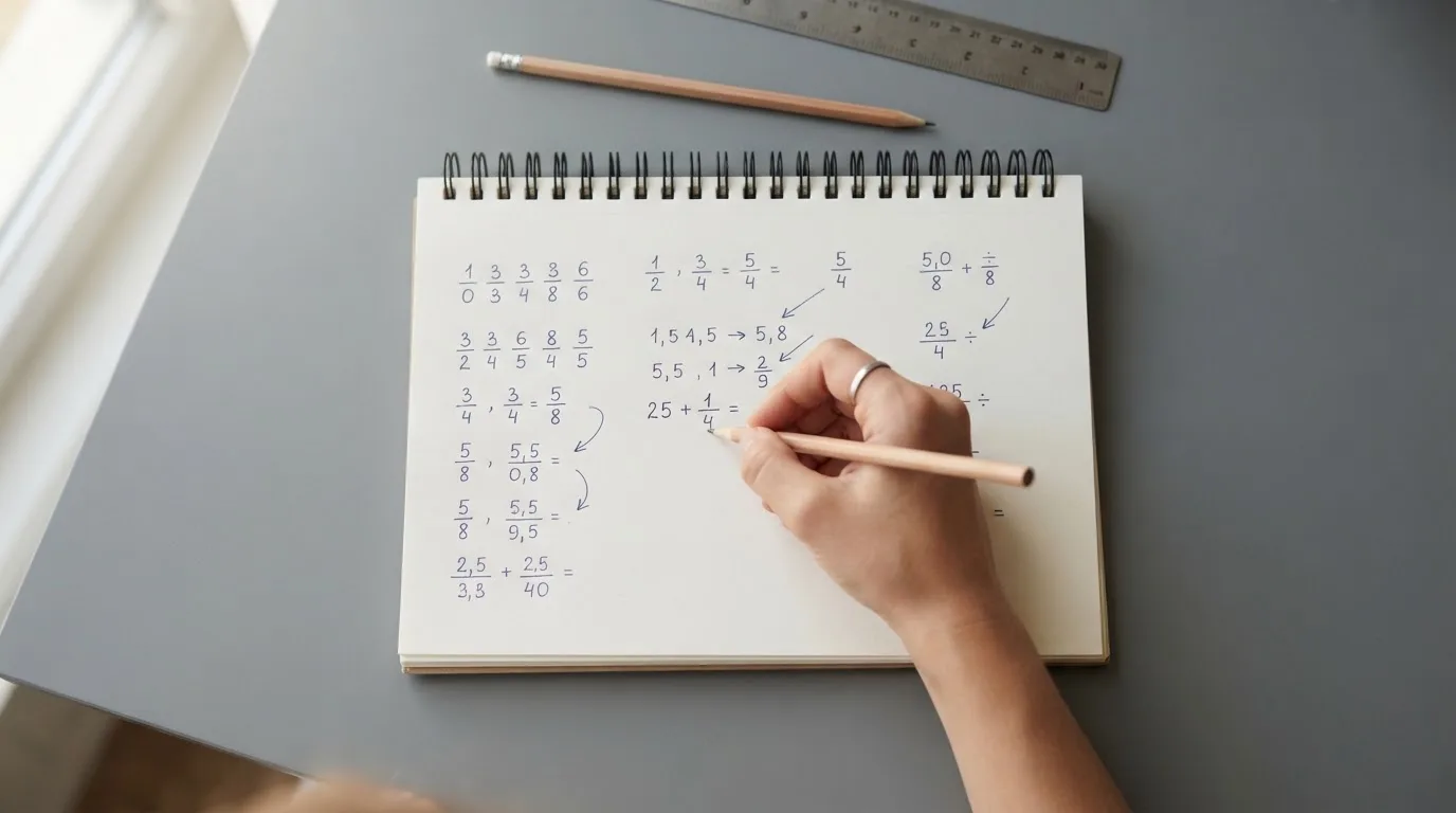 Ein Taschenrechner, ein Bleistift und ein Block mit handschriftlichen Zahlenreihen liegen auf einer grauen Arbeitsfläche.