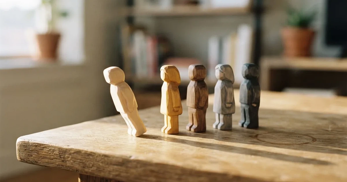 Fünf Holzfiguren stehen in einer Reihe auf einem Tisch, die erste Figur ist leicht nach vorn gerückt.