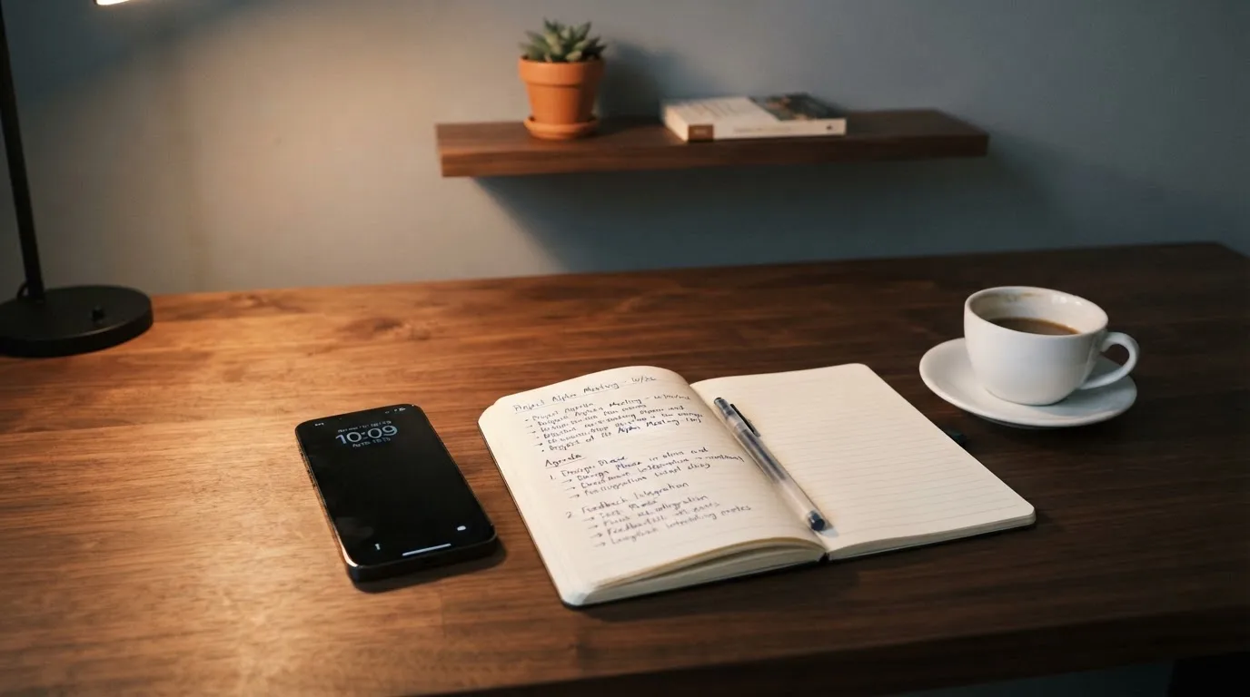 Ein Smartphone liegt mit dunklem Display auf einem Schreibtisch neben einem Notizbuch und einer Kaffeetasse.