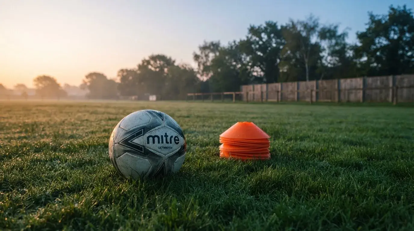 Ein Fußball liegt auf einem Rasenplatz bei Sonnenaufgang, daneben ein kleiner Stapel Trainingshütchen.
