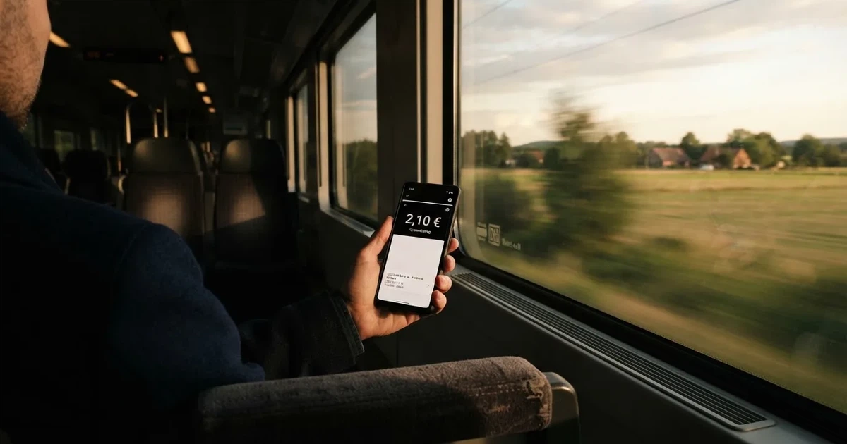Eine Hand hält ein Smartphone mit dunklem Display in einem Zug, am Fenster ziehen verschwommen Felder vorbei.