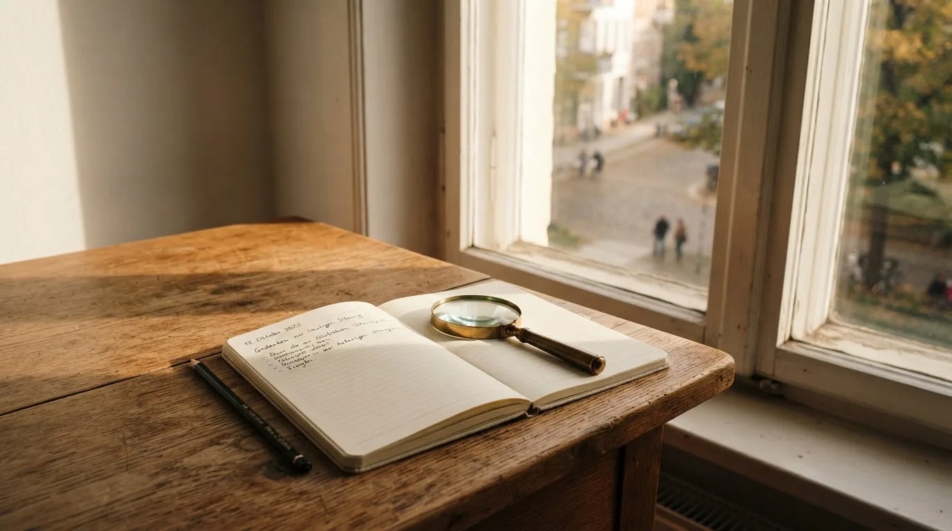 Ein schmaler Schreibtisch am Fenster mit einem Notizbuch, einer Lupe und einem Bleistift im Morgenlicht.
