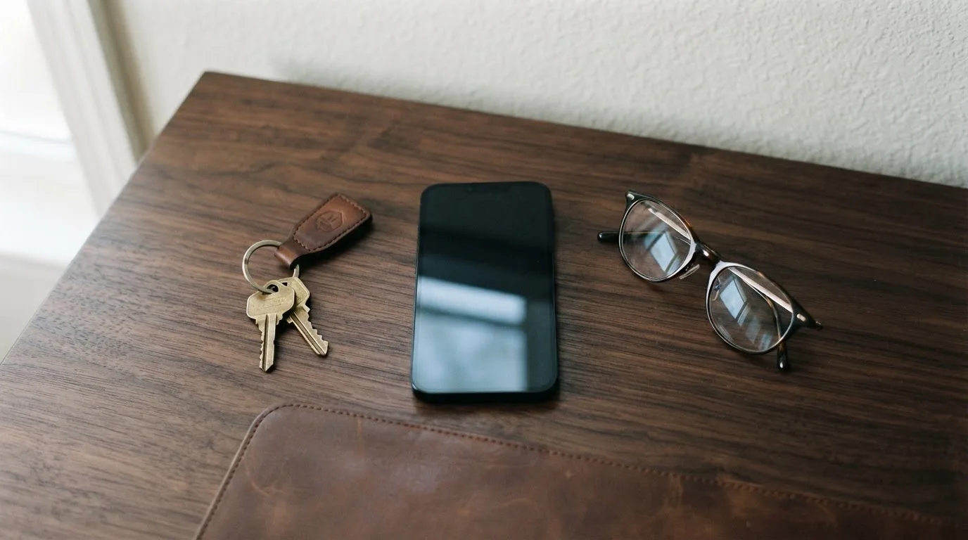 Ein Smartphone liegt mit dunklem Display auf einem Schreibtisch neben einem Schlüsselbund und einer Brille.