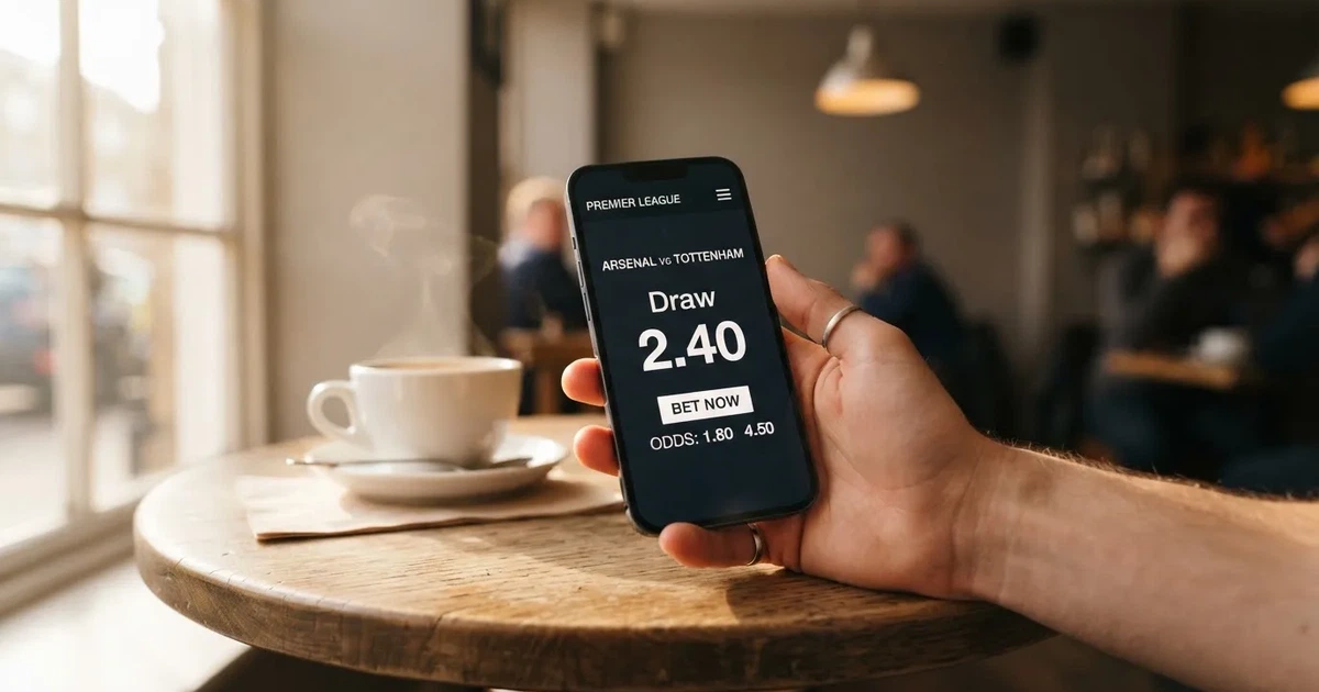 Eine Hand hält ein Smartphone mit dunklem Display, im Hintergrund unscharf ein Café-Tisch mit einer Tasse.