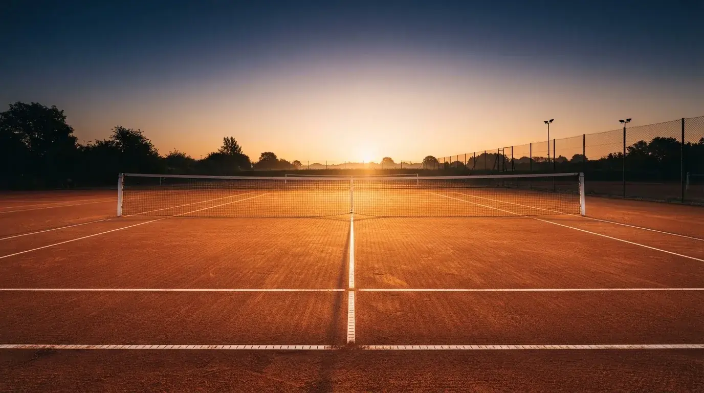 Ein Tennisplatz aus Sand bei Sonnenaufgang, das Netz im Gegenlicht, kein Mensch zu sehen.