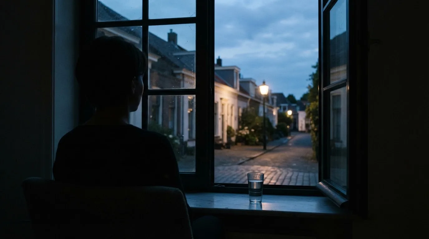 Die Silhouette einer Person sitzt am Abend am Fenster und blickt auf eine Straße, auf dem Fensterbrett steht ein Glas Wasser.