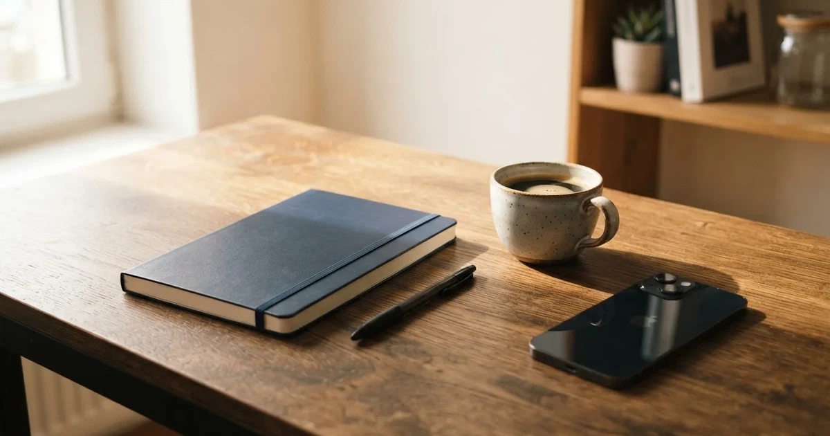Ein Holzschreibtisch im Morgenlicht mit geschlossenem Notizbuch, Kugelschreiber und Kaffeetasse, daneben ein Smartphone mit dunklem Bildschirm.