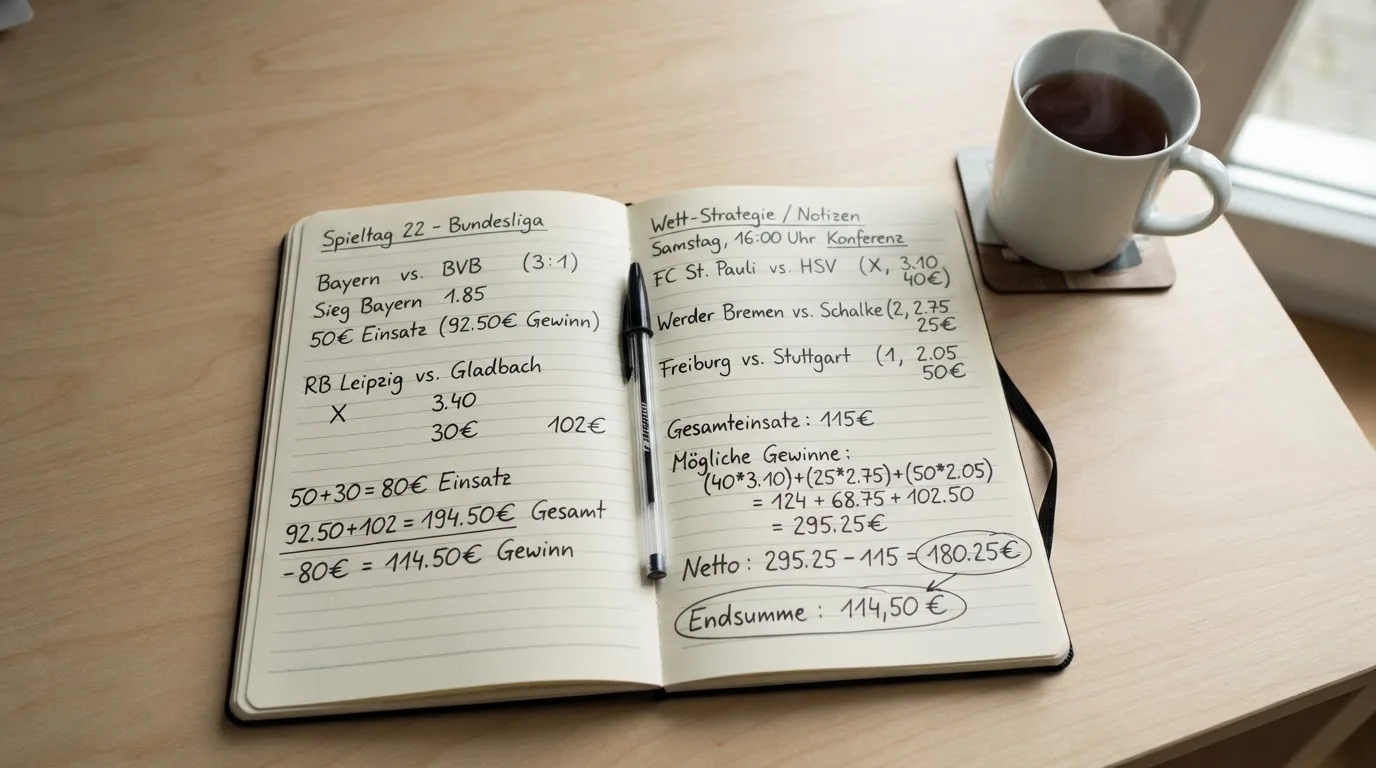 Ein Notizbuch mit handgeschriebenen Rechnungen und ein Taschenrechner auf einem hellen Schreibtisch neben einer Tasse Tee.
