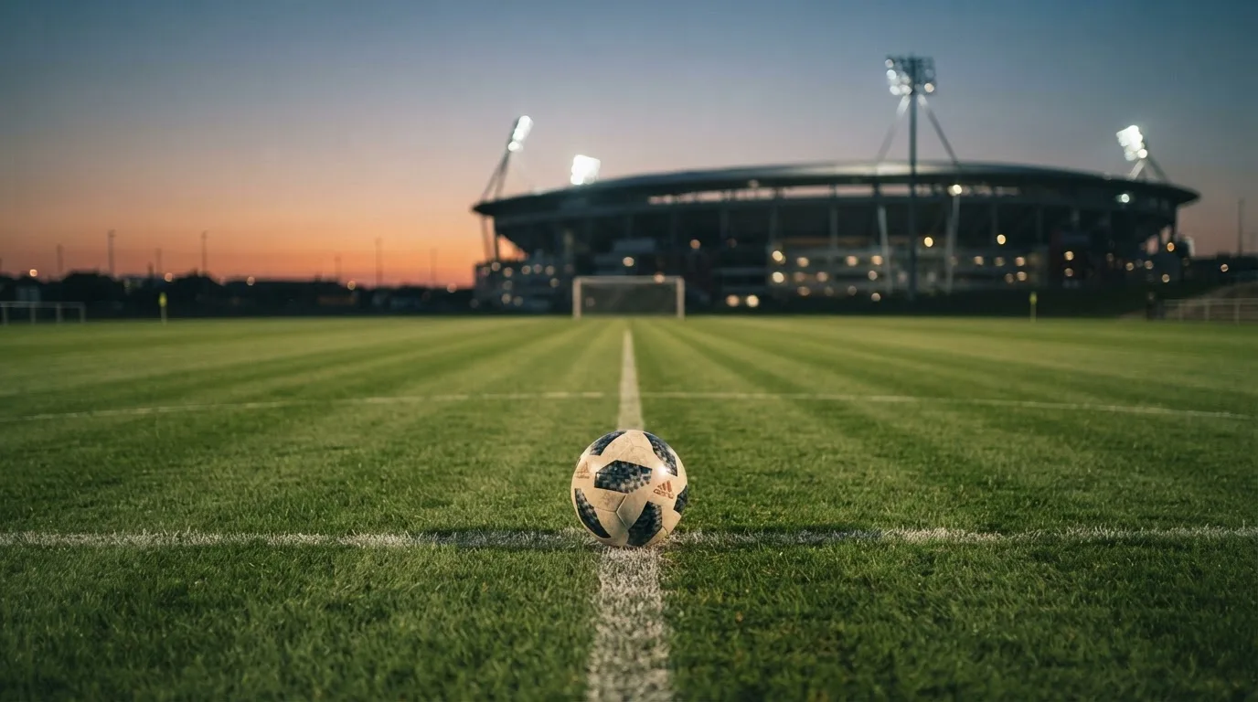 Ein Fußball liegt auf dem Rasen eines leeren Platzes, im Hintergrund ein Stadion unter Flutlicht in der Abenddämmerung.