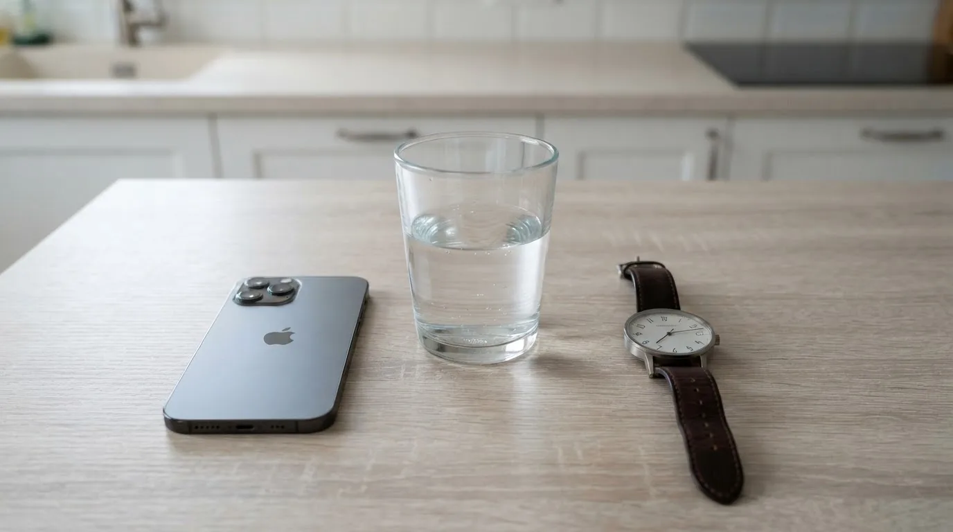 Ein Smartphone liegt mit dem Display nach unten auf einem Küchentisch, daneben stehen ein Glas Wasser und eine Armbanduhr.