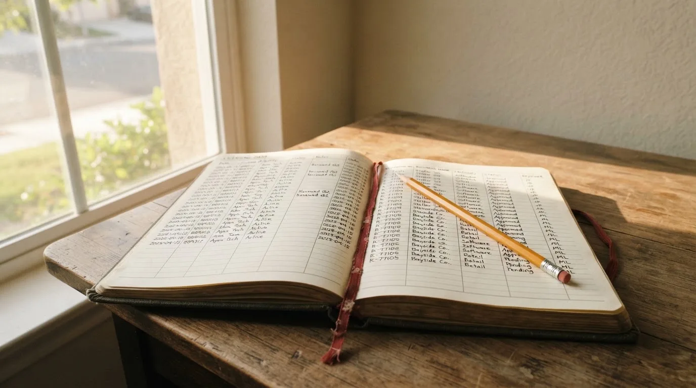 Ein Notizbuch mit handschriftlichen Notizen und ein Bleistift liegen auf einem Schreibtisch am Fenster, draußen fällt Morgenlicht herein.