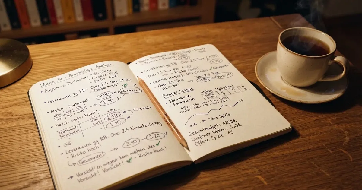 Ein Notizbuch mit handschriftlichen Notizen und Pfeilen liegt aufgeschlagen auf einem Schreibtisch, daneben ein Bleistift und eine Tasse Tee.