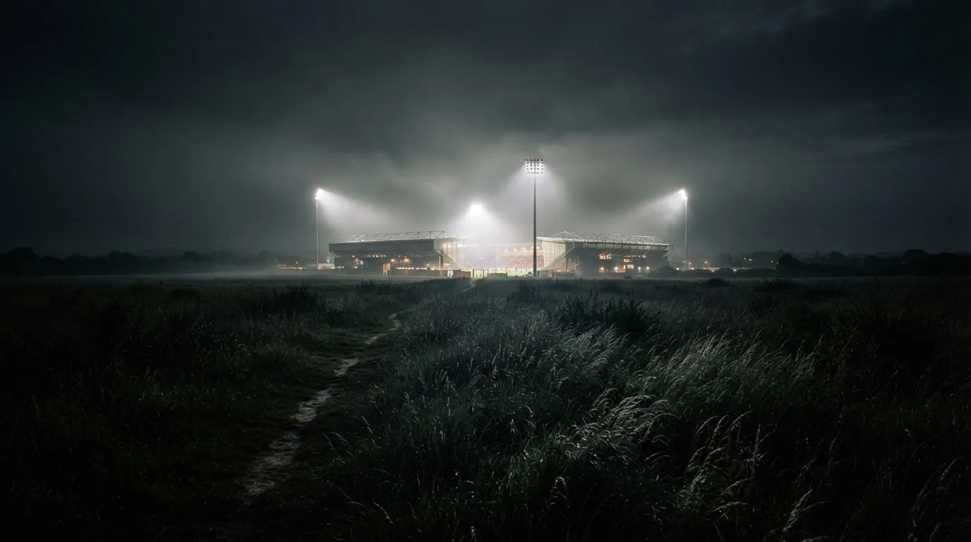 Ein Stadion unter Flutlicht, aus großer Entfernung über eine dunkle Wiese fotografiert, am Himmel zieht Nebel auf.