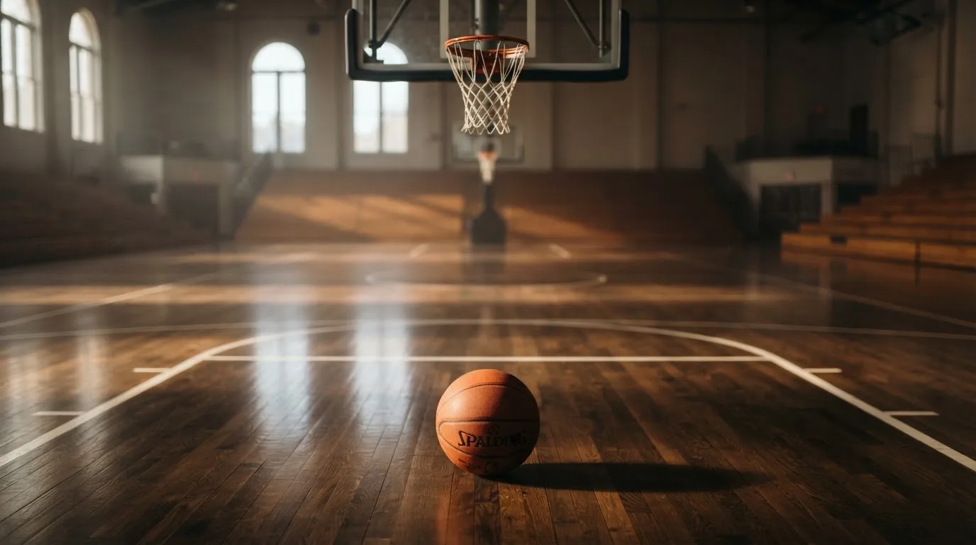 Ein Basketball liegt auf dem Hallenboden unter einem Korb, das Netz hängt ruhig, Morgenlicht fällt durch hohe Fenster.