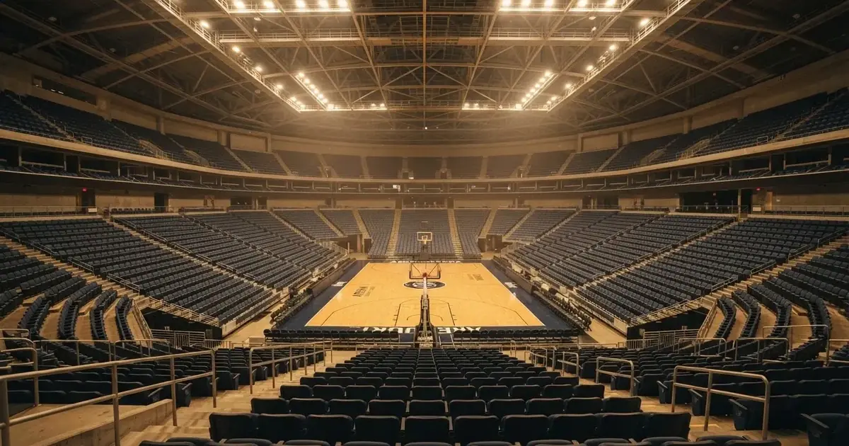 Eine leere Basketballhalle von einer oberen Tribünenreihe aus gesehen, Parkett und Körbe im Licht der Hallenstrahler.