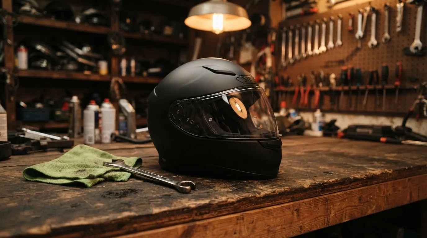 Ein schwarzer Motorradhelm ohne Aufdruck liegt auf einer Werkbank neben einem Schraubenschlüssel, warmes Licht einer Werkstatt.