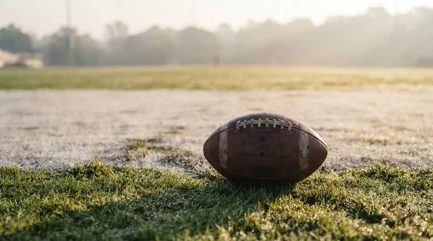 Ein ovaler Lederball mit heller Schnürung liegt auf dem Rasen vor der Endzone, Tau auf dem Gras im ersten Morgenlicht.
