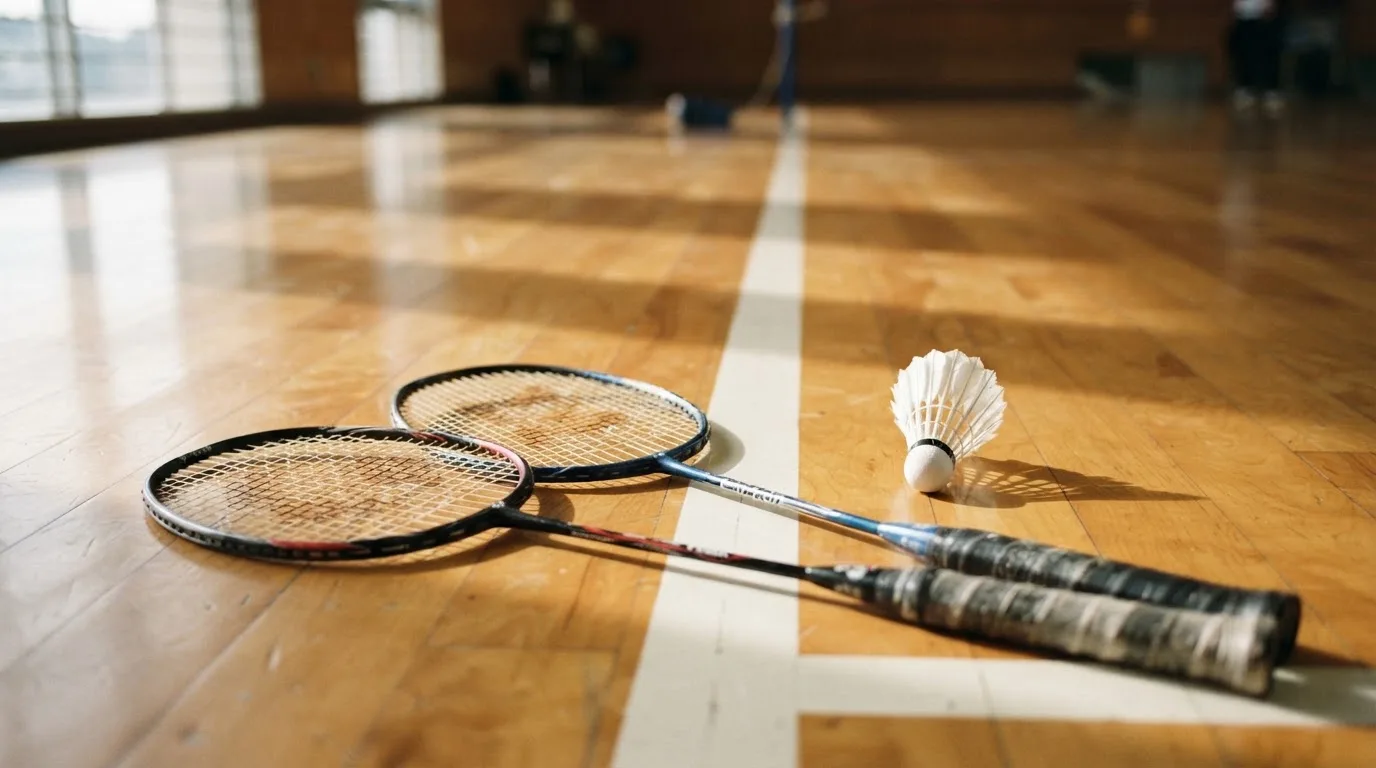 Zwei Badmintonschläger und ein Federball liegen auf einem Holzboden neben der Seitenlinie, weiches Licht fällt von der Seite ein.