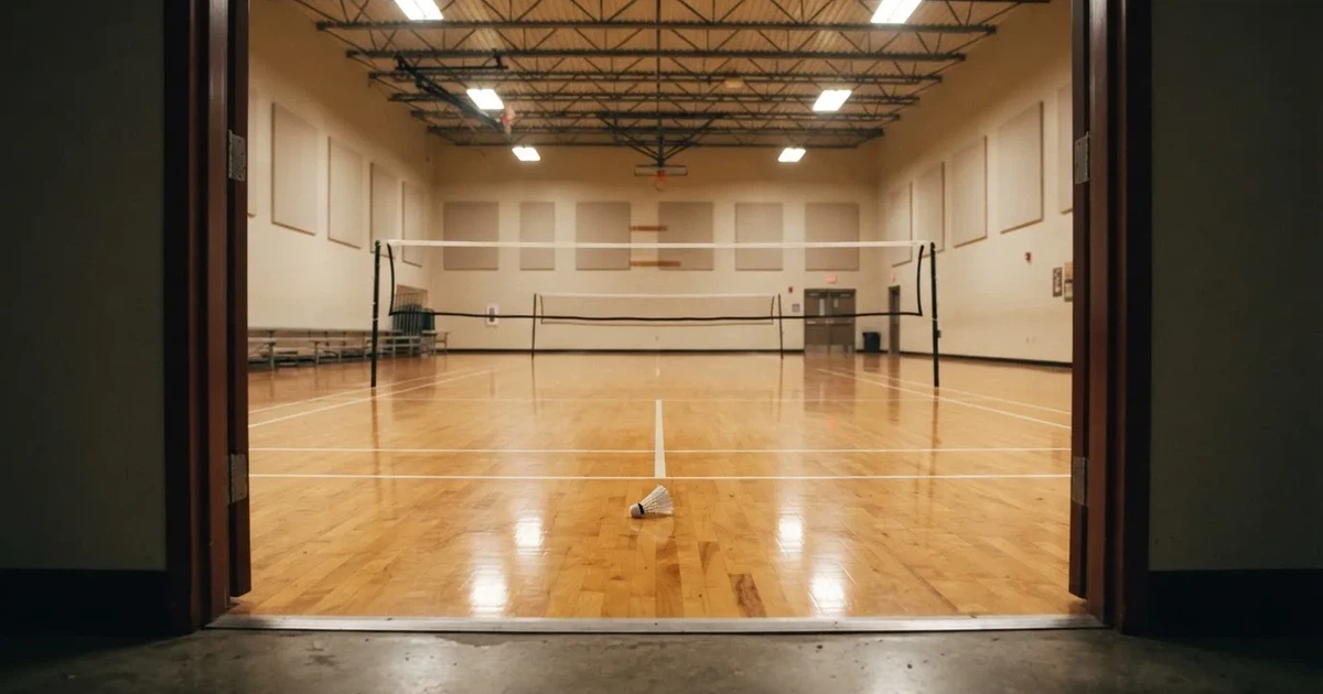 Eine leere Badmintonhalle mit gespanntem Netz und hellen Hallenlichtern, ein Federball liegt auf dem Hallenboden.